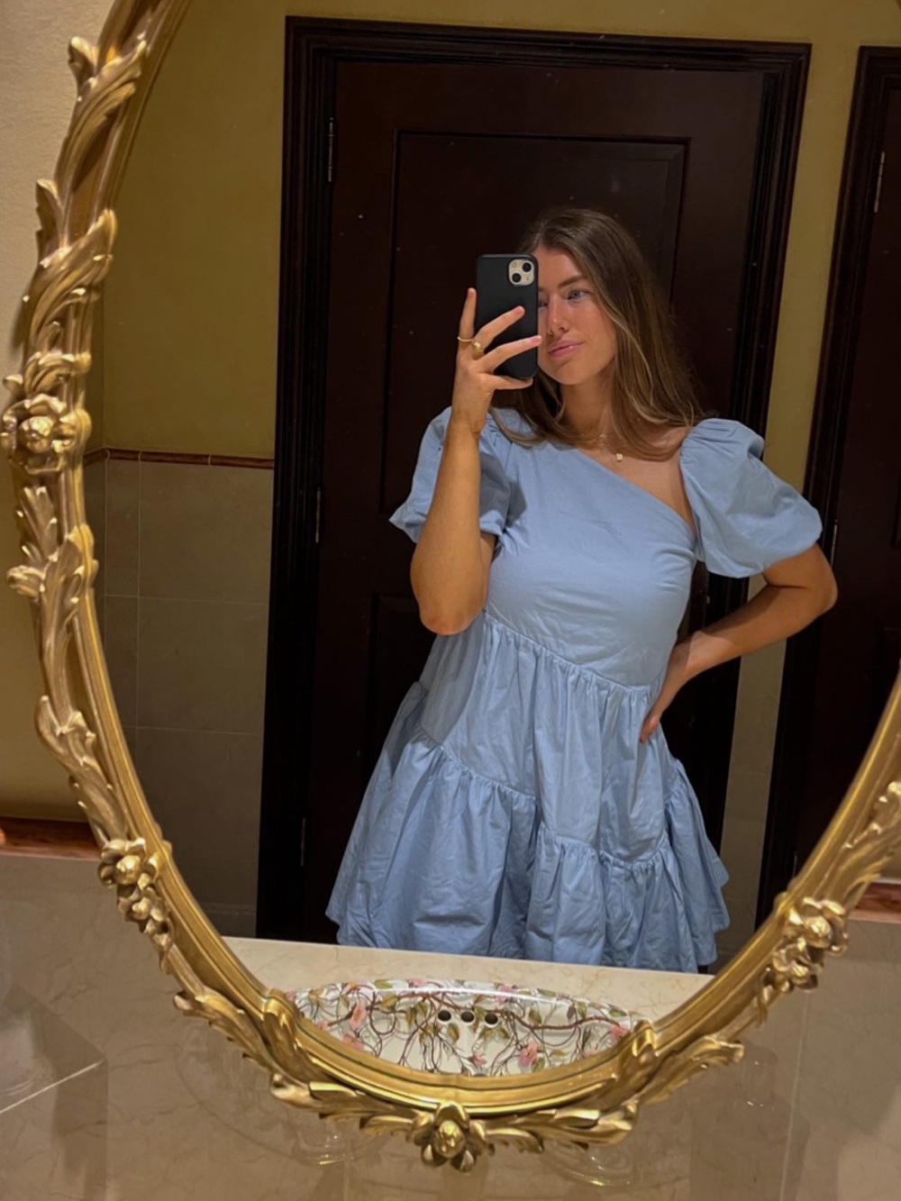 Revolve Lovers and Friends Blue One-Shoulder Puff Sleeve Dress